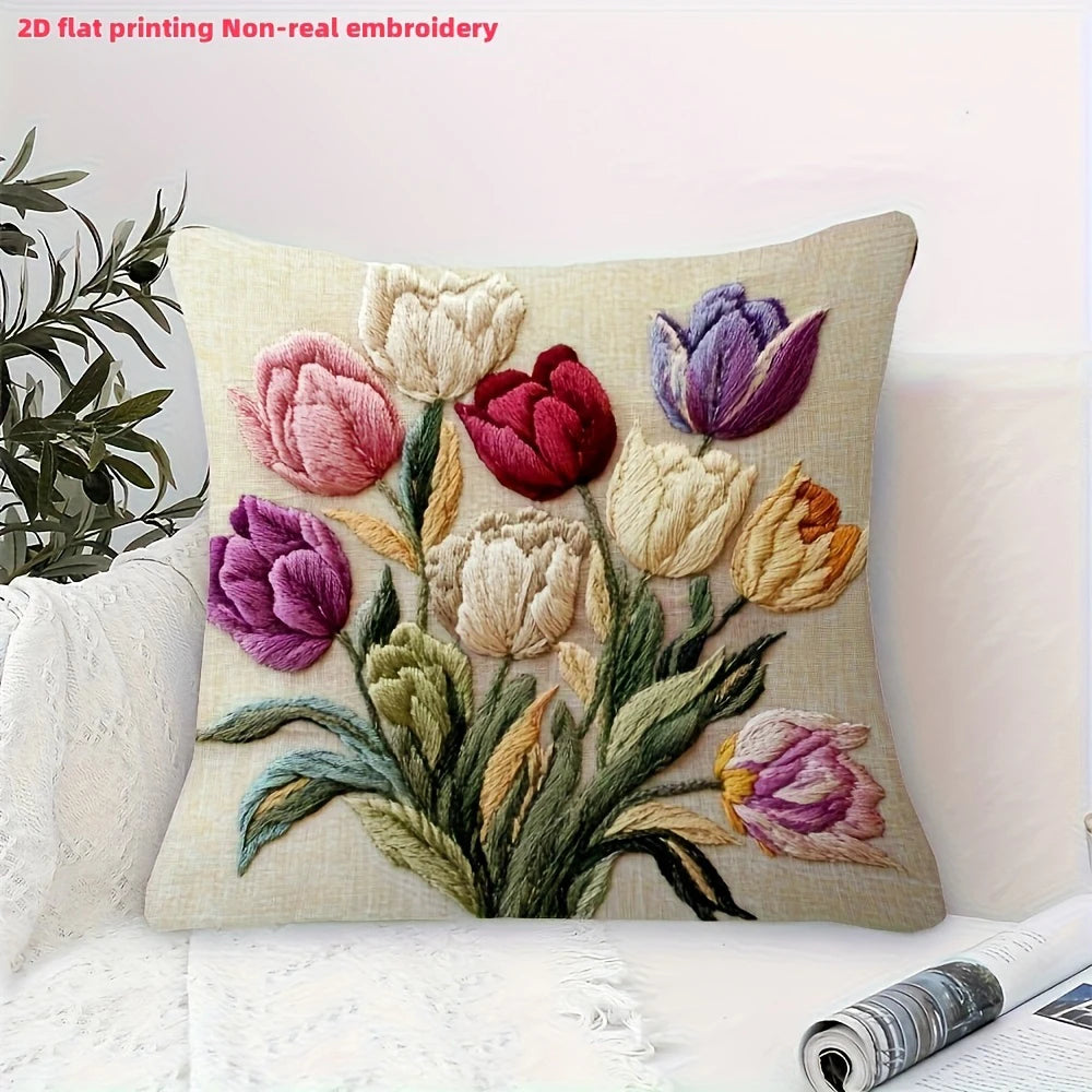 Botanical Stitch-Effect Printed Pillow Cover