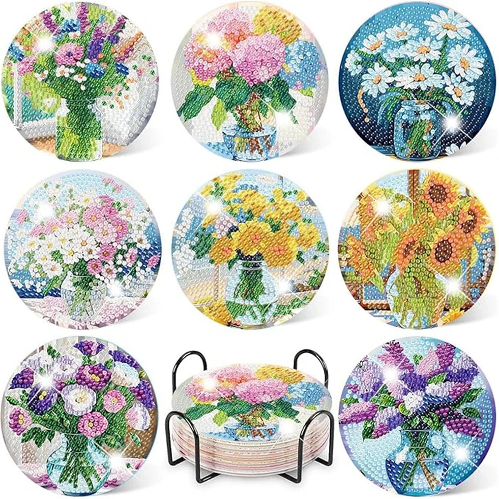 Floral Diamond Painting Coaster Set of 8 with Holder DIY Craft Kit for Creative Table Decor and Gifts