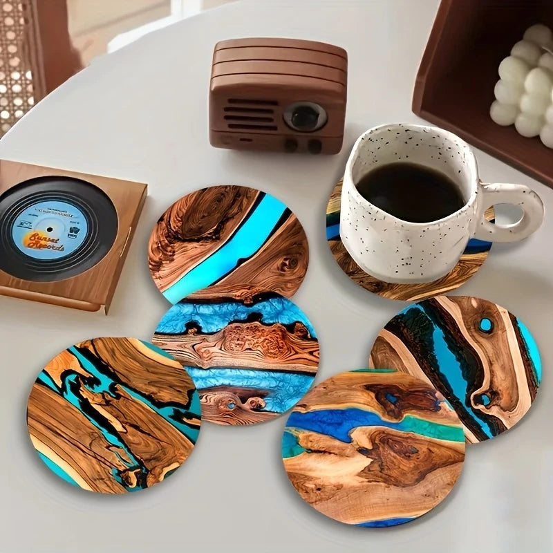 Blue and Green Printed Wooden Coaster Set of 6, 10 cm Drink Mats for Coffee Tables, Tea Cups and Calm Home Decor
