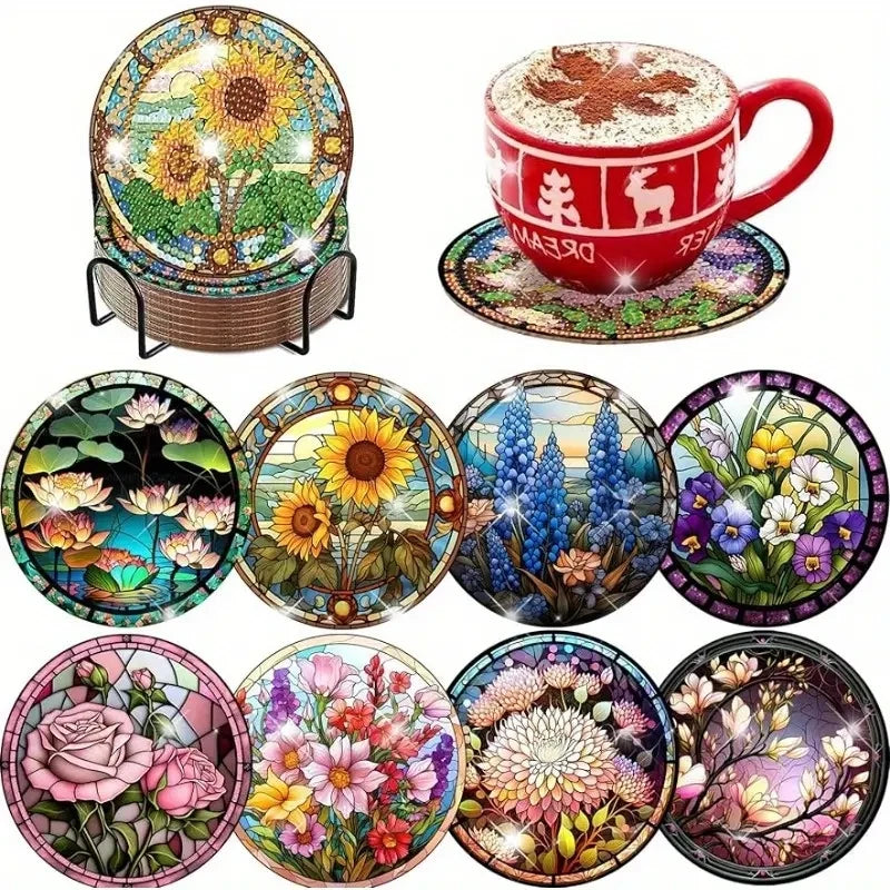 Floral Diamond Painting Coaster Set of 8 with Holder DIY Craft Kit for Creative Table Decor and Gifts