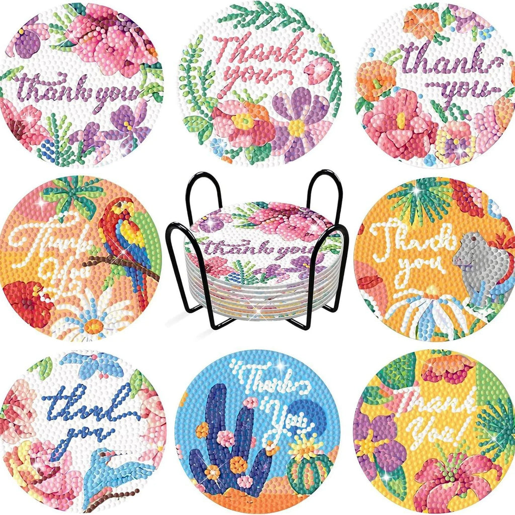 Floral Diamond Painting Coaster Set of 8 with Holder DIY Craft Kit for Creative Table Decor and Gifts