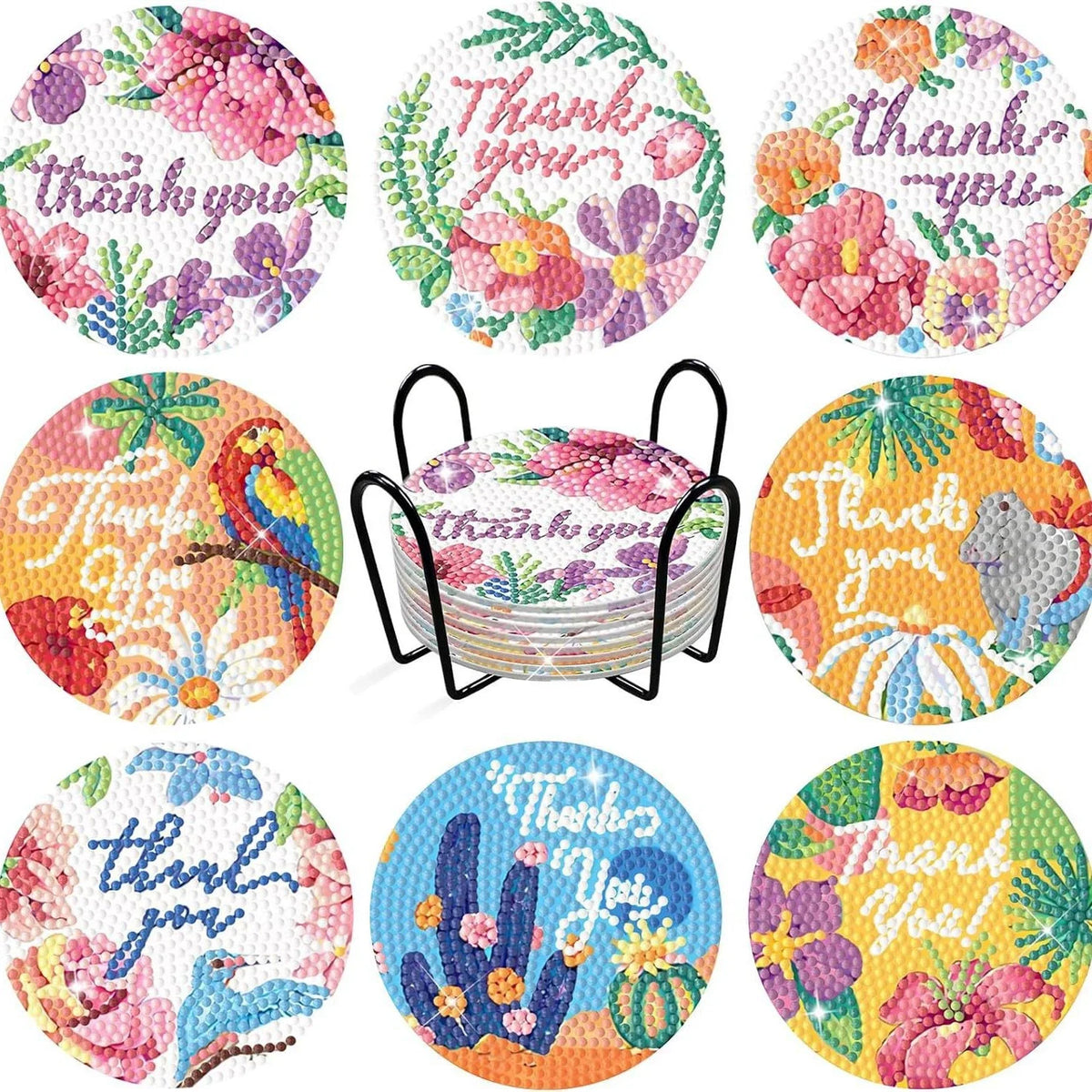 Floral Diamond Painting Coaster Set of 8 with Holder DIY Craft Kit for Creative Table Decor and Gifts