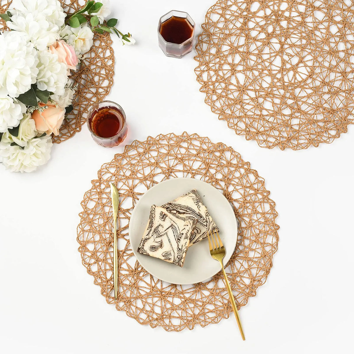 Round Woven Paper Placemats Set of 6, 38 cm Boho Dining Table Mats in Colorful Options for Gatherings and Everyday Decor