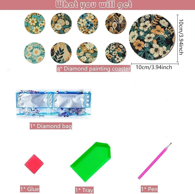 Floral DIY Diamond Painting Coaster Kit Set of 8 | Colorful Mosaic Drink Coasters for Creative Coffee Tables