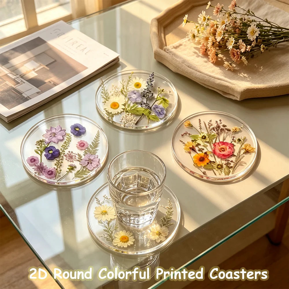 Clear Floral Acrylic Drink Coaster Set for Coffee Tables Wedding Decor and Everyday Entertaining