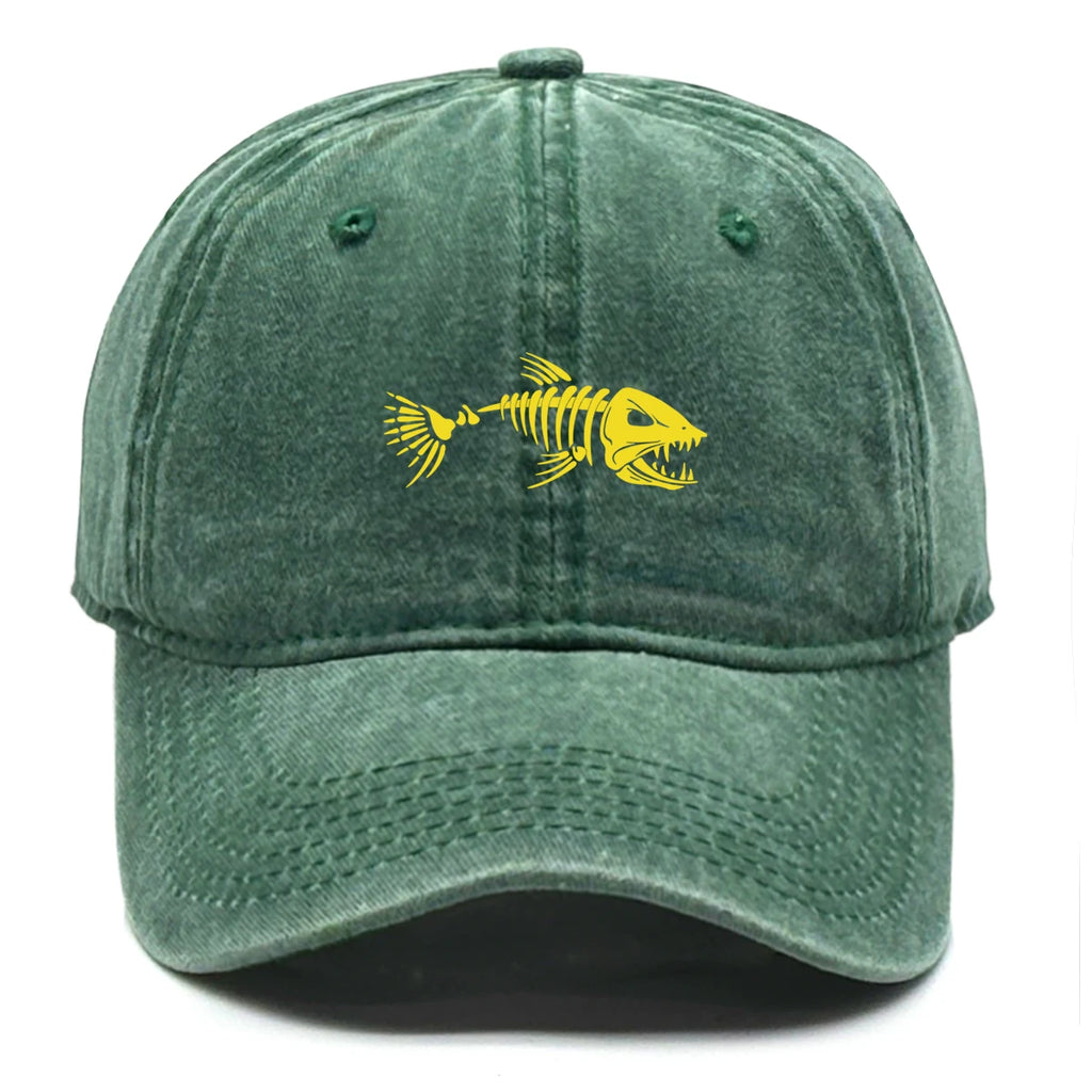 Vintage Washed Fish Skeleton Baseball Cap | Distressed Unisex Snapback Trucker Hat