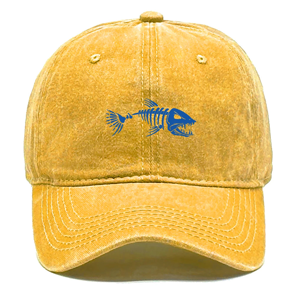 Vintage Washed Fish Skeleton Baseball Cap | Distressed Unisex Snapback Trucker Hat