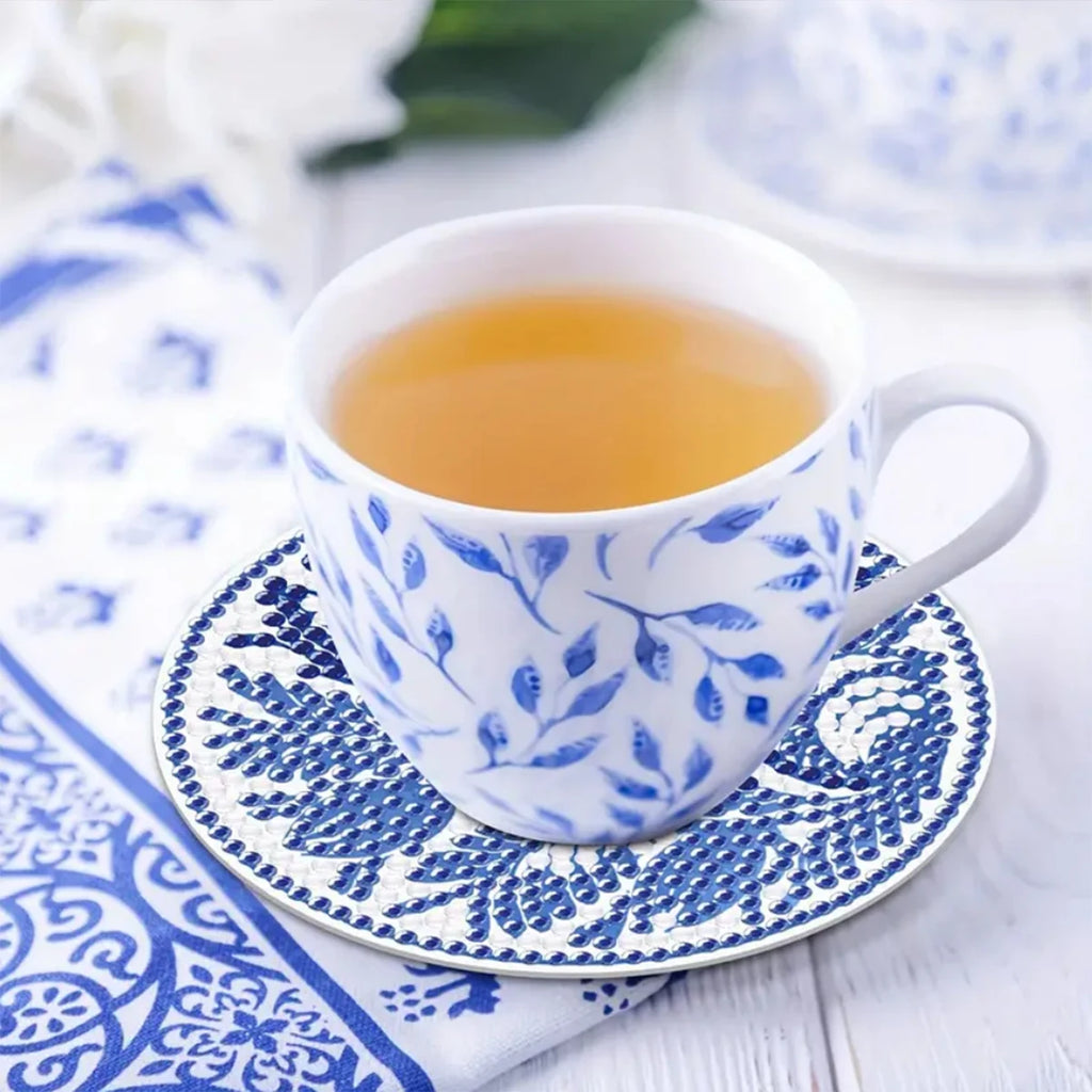 Blue and White Porcelain Diamond Painting Drink Coaster Set with Holder for DIY Craft Lovers