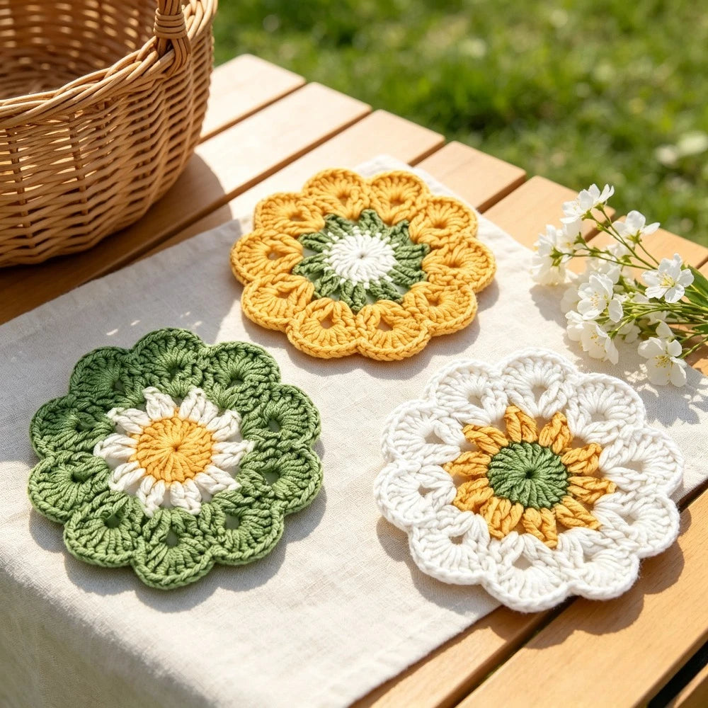 Boho Floral Crochet Style Coaster Set of 3 for Coffee Tables Kitchen Decor and Housewarming Gifts