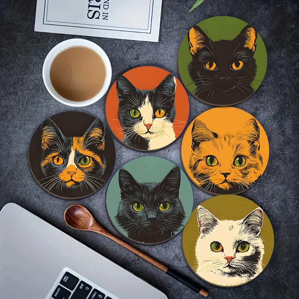 Cat Pattern Wooden Drink Coaster Set of 6, Round Printed Cup Mats for Coffee Tables, Desks and Cat-Lover Gifts
