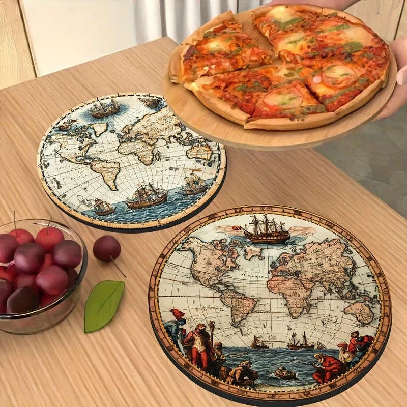 Retro World Map Wooden Coaster Set of 6, 10 cm Printed Round Drink Mats for Coffee Tables, Tea Cups and Travel Inspired Decor