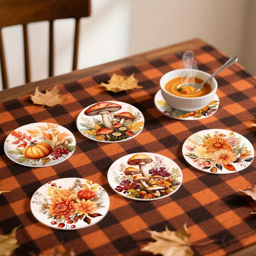Autumn Pumpkin Leaf Wooden Coaster Set of 6, 10 cm Printed Fall Drink Mats for Coffee Tables, Tea Cups and Seasonal Decor