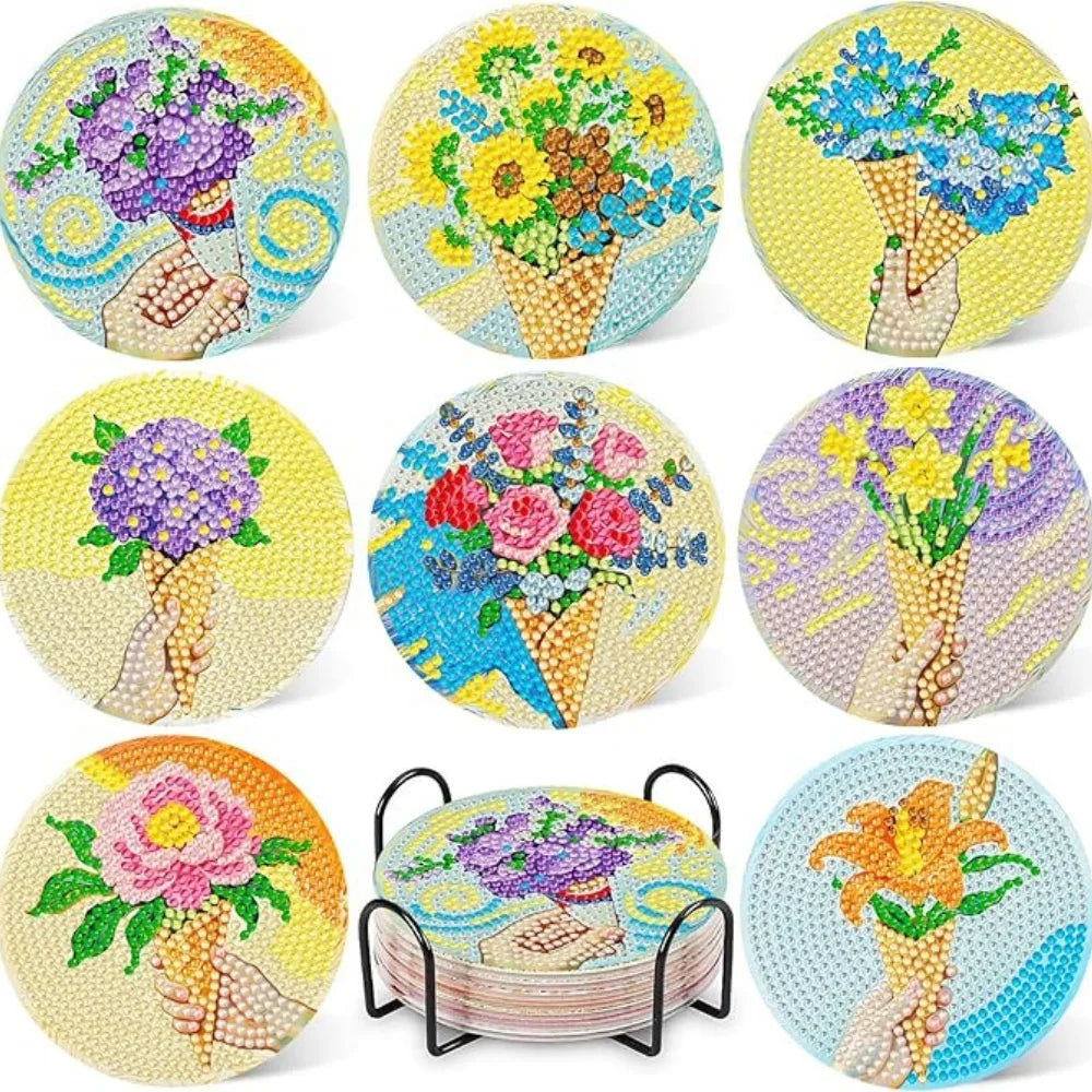Floral Diamond Painting Coaster Set of 8 with Holder DIY Craft Kit for Creative Table Decor and Gifts