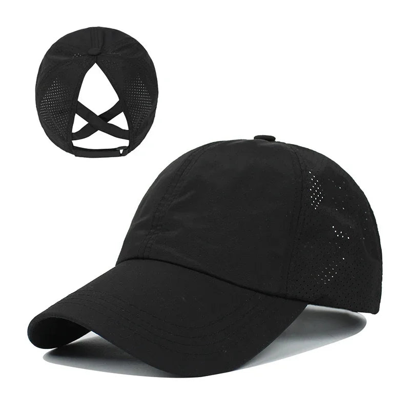 Women’s Quick-Dry Mesh Ponytail Baseball Cap – Cross Strap Athletic Golf Hat