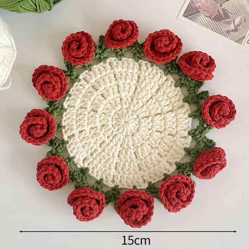 Rose Flower Crochet Style Coaster for Coffee Tables Kitchen Decor and Thoughtful Gifts