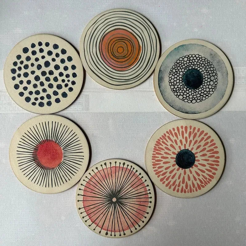 Circular Pattern Wooden Coaster Set of 6, Round Printed Drink Mats for Coffee Tables, Home Gatherings and Everyday Dining