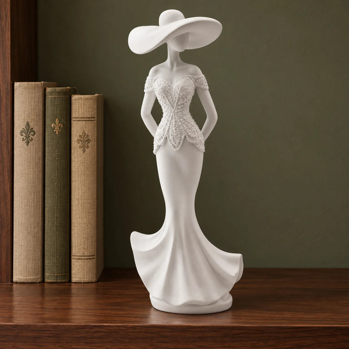 White Lady Resin Sculpture with Wide Brim Hat, Elegant Figurine for Desk, Shelf and Living Room Decor, Two Styles