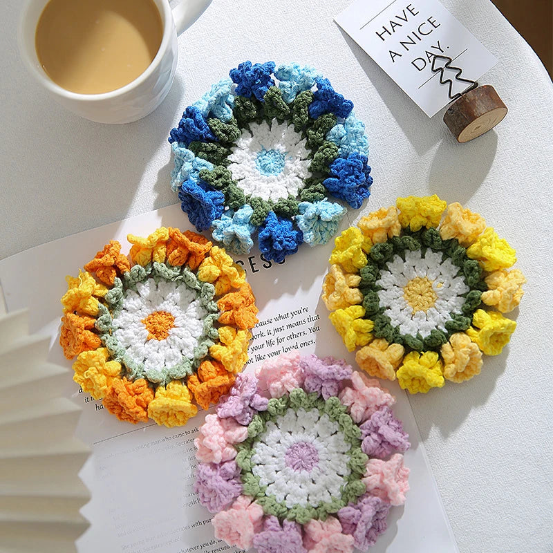 Lily of the Valley Crochet Flower Drink Coasters for Tea Tables Handmade Floral Home Decor