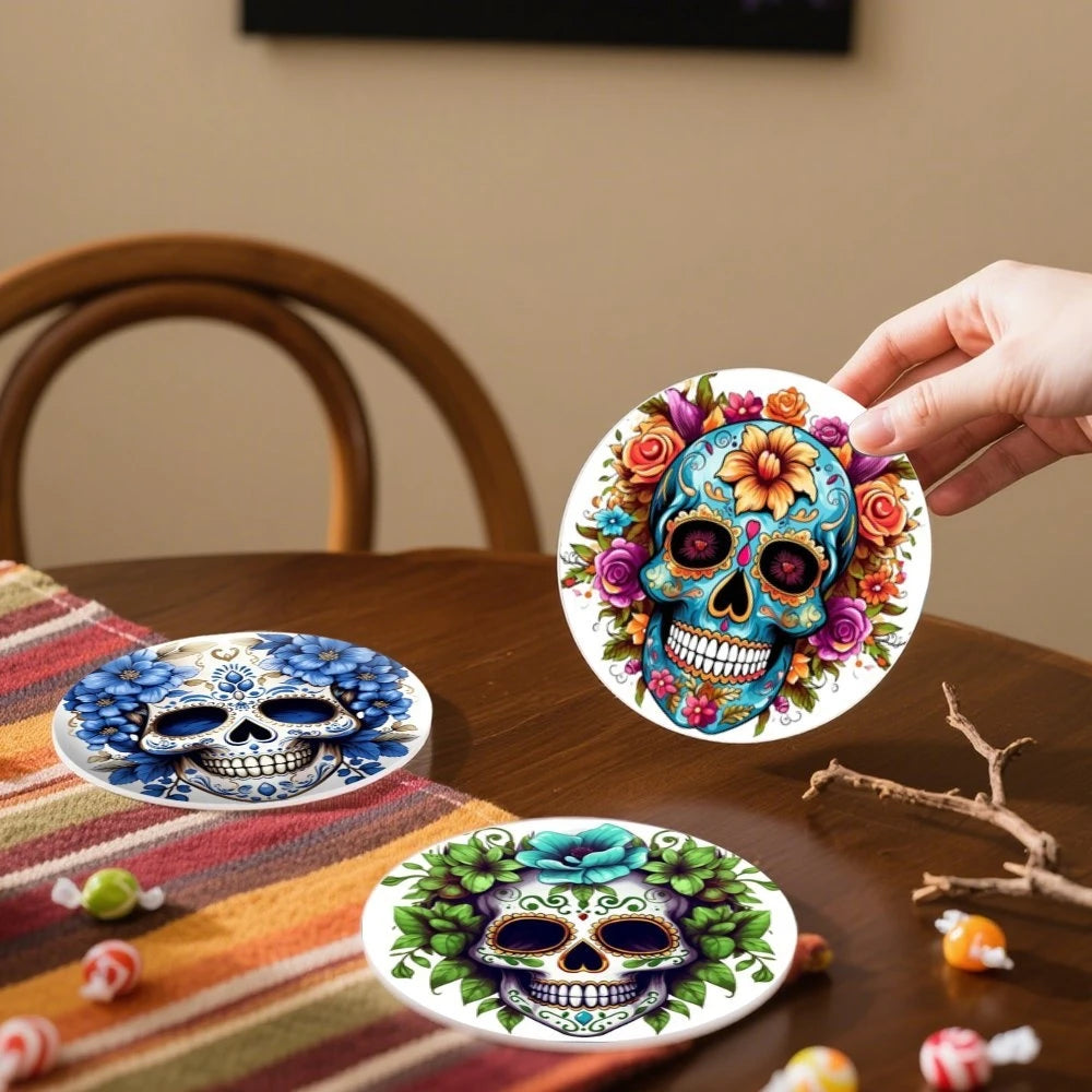 Floral Skull Wooden Drink Coasters, Set of 6 Printed 10 cm Cup Mats for Halloween Tables, Coffee Corners and Themed Gatherings
