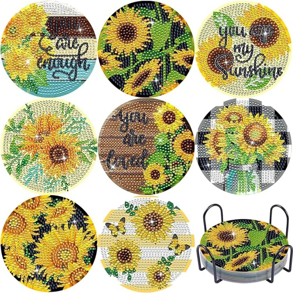 Floral Diamond Painting Coaster Set of 8 with Holder DIY Craft Kit for Creative Table Decor and Gifts