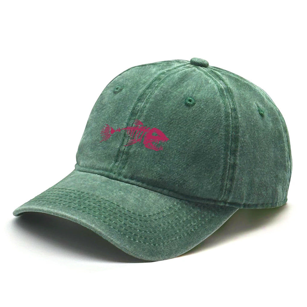 Vintage Washed Fish Skeleton Baseball Cap | Distressed Unisex Snapback Trucker Hat
