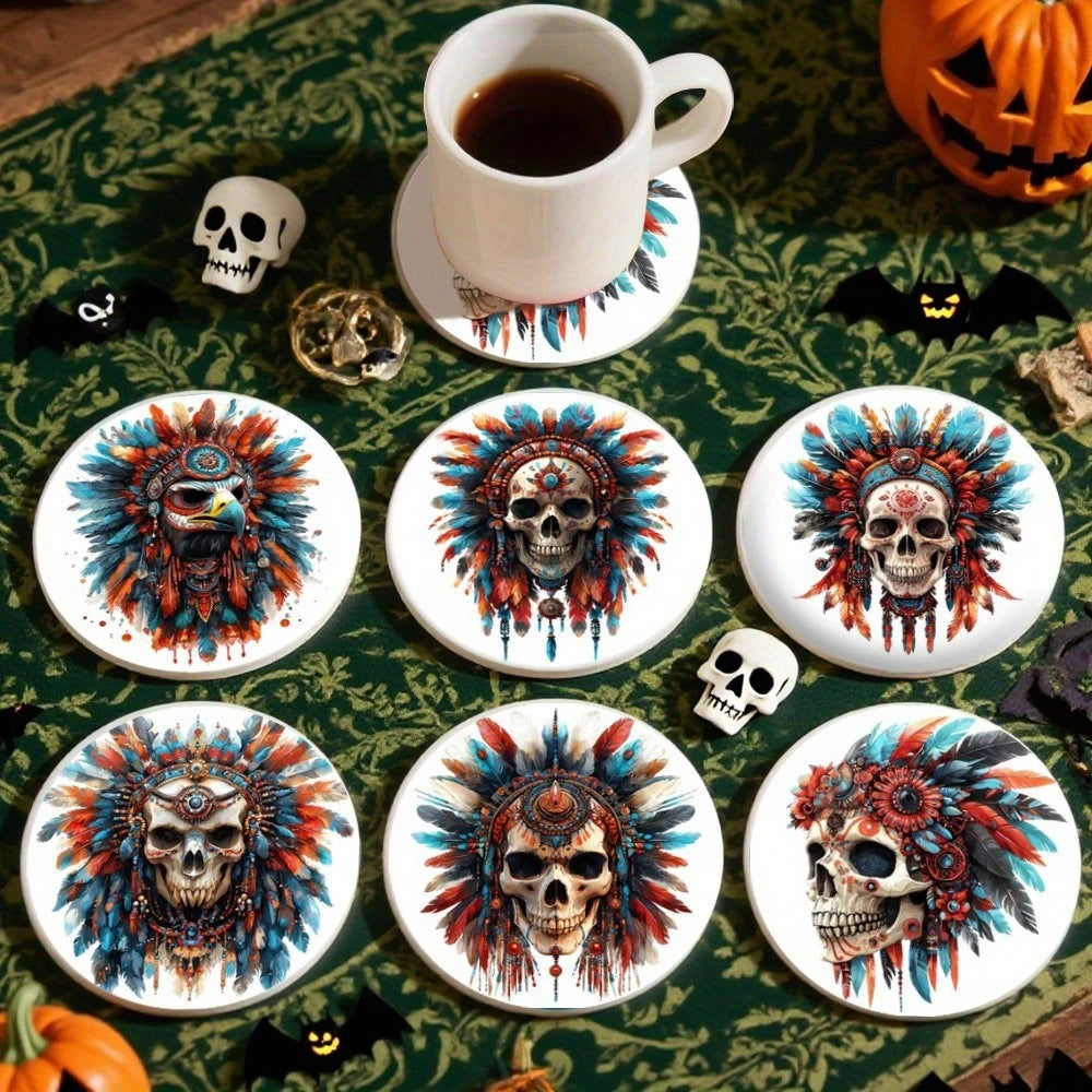 Floral Skull Wooden Drink Coasters, Set of 6 Printed 10 cm Cup Mats for Halloween Tables, Coffee Corners and Themed Gatherings