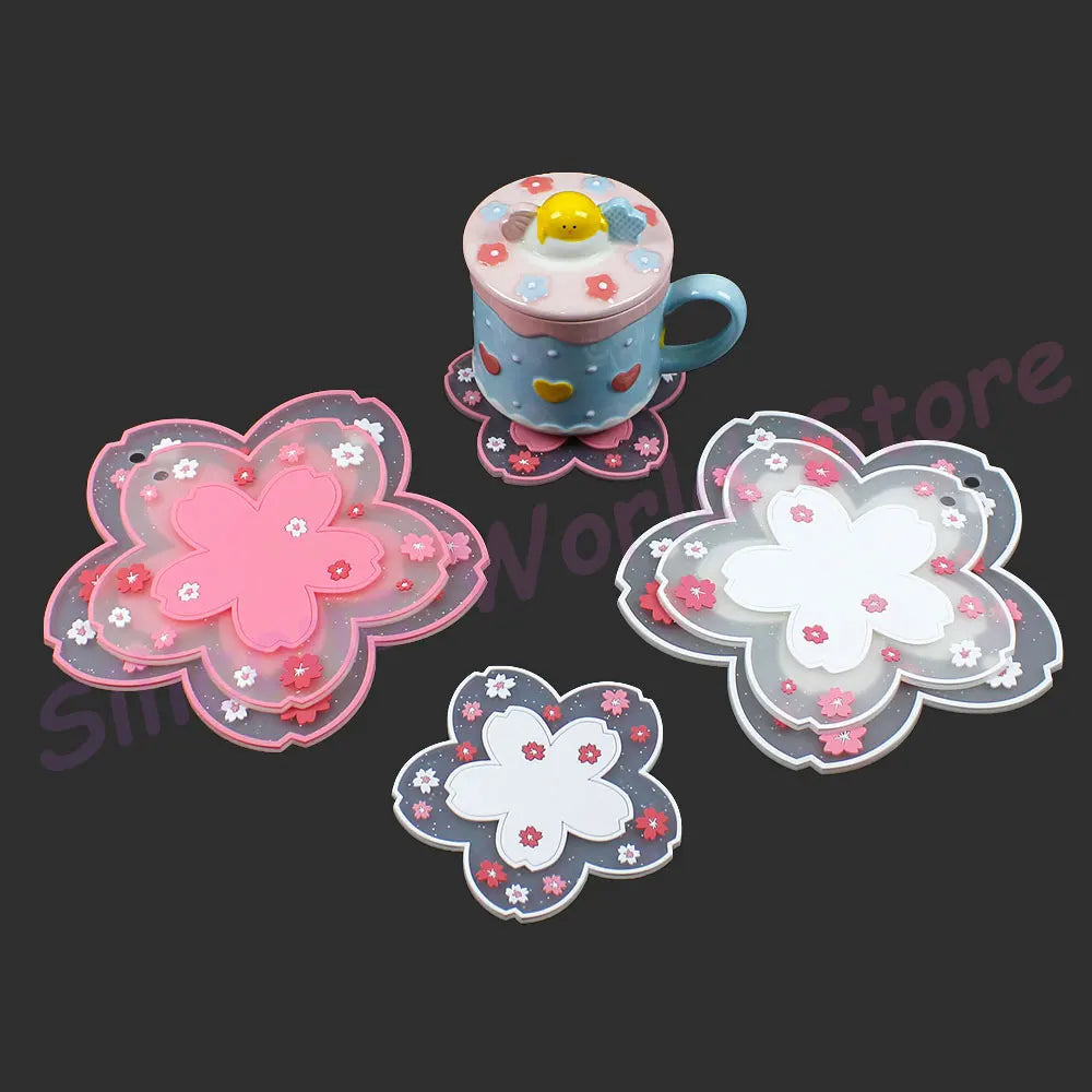 Sakura and Daisy Floral PVC Drink Coaster | Soft Flower Cup Mat in Pink White or Blue for Cheerful Tables