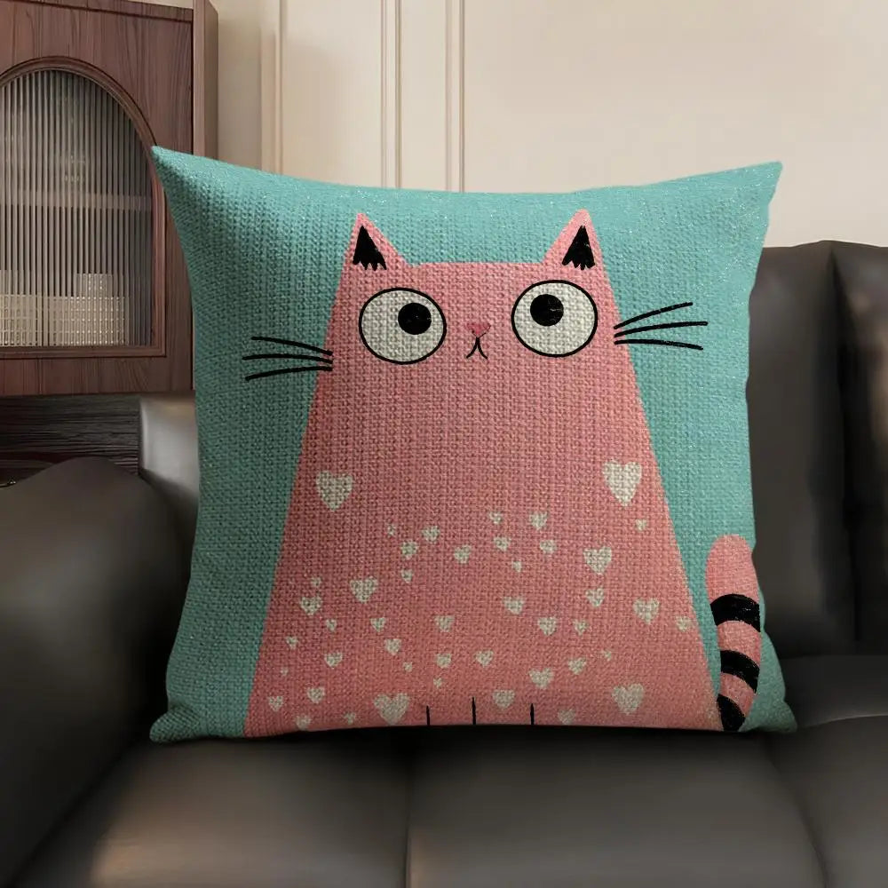 Cartoon Cute Cat Cushion Cover Natural Linen Organic Fabric Double Sided Print Sofa Pillow Case Home Decor Gift