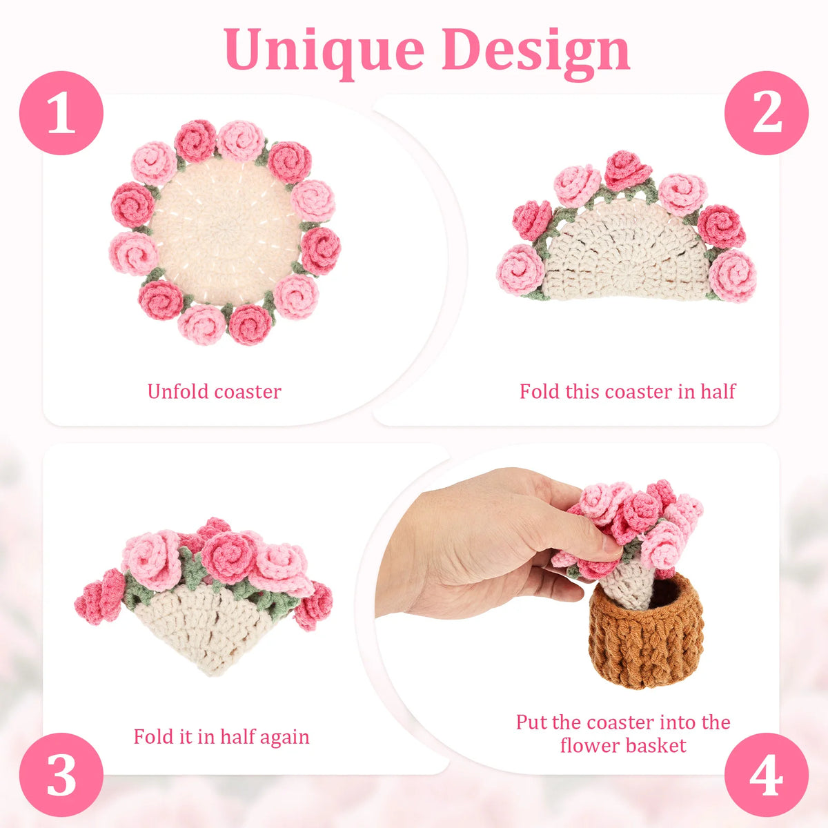 Crochet Rose Bouquet Drink Coasters for Coffee Tables Handmade Style Floral Home Decor