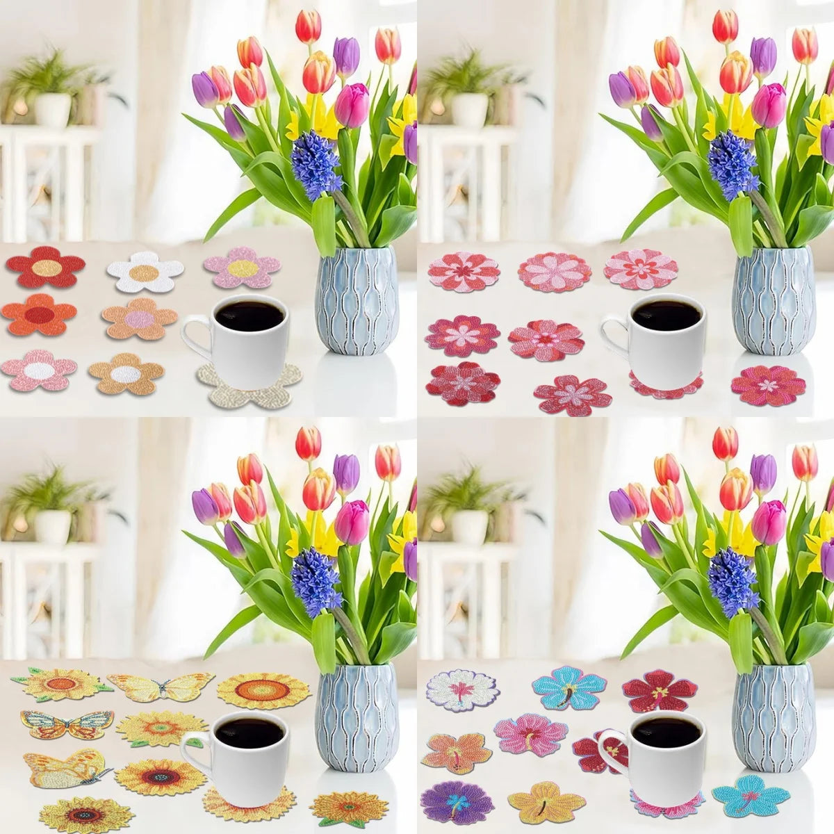 Floral Diamond Painting Coaster Craft Kit Set of 10 for Creative Table Decor and Gifts