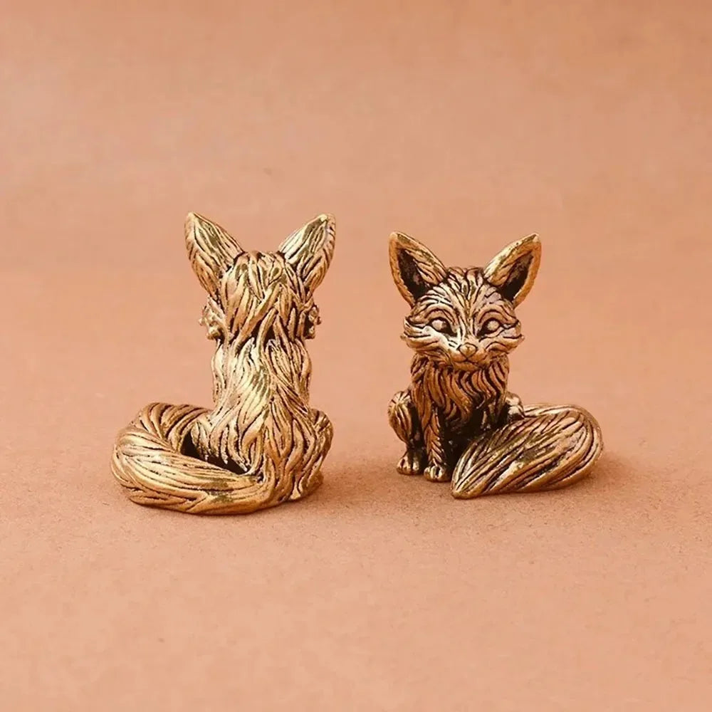 Mini Fox Desk Figurine, Brass-Tone Animal Sculpture in Sitting or Standing Style for Bookshelves, Office Desks and Thoughtful Gifts