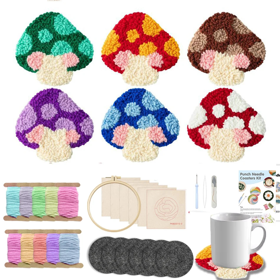 Mushroom Punch Needle Coaster Craft Kit for Beginners Handmade Tufted Mug Rugs and Cottage Decor
