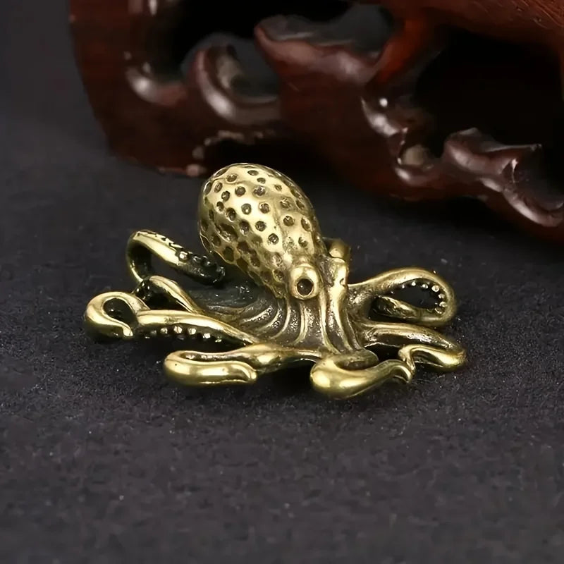 Vintage Octopus Desk Figurine, Brass-Tone Miniature Sea Life Sculpture for Bookshelves, Home Office and Tabletop Decor