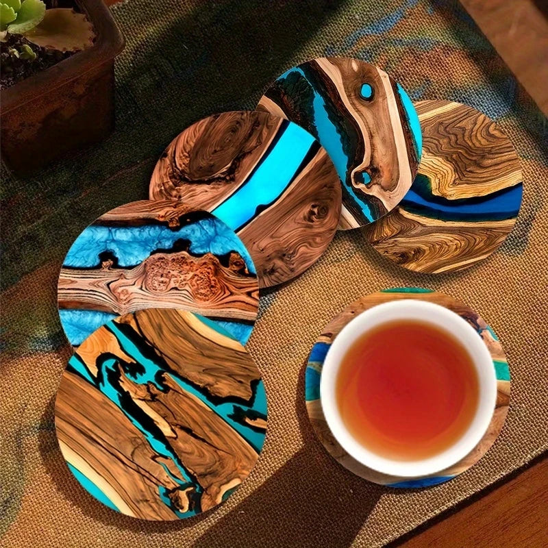 Blue and Green Printed Wooden Coaster Set of 6, 10 cm Drink Mats for Coffee Tables, Tea Cups and Calm Home Decor