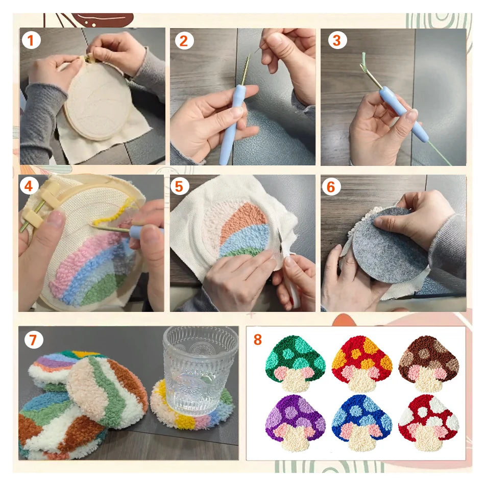 Mushroom Punch Needle Coaster Craft Kit for Beginners Handmade Tufted Mug Rugs and Cottage Decor