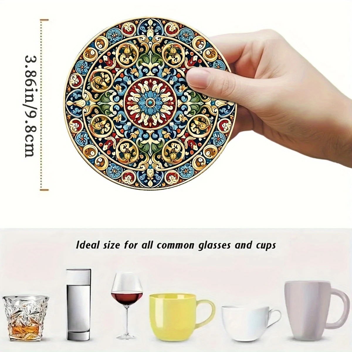 Moroccan Mandorla Wooden Coaster Set of 8, Botanical-Inspired Round Cup Mats for Coffee Tables and Everyday Dining