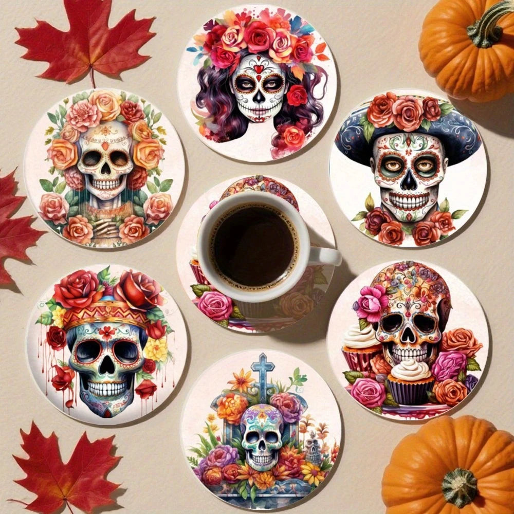 Floral Skull Wooden Drink Coasters, Set of 6 Printed 10 cm Cup Mats for Halloween Tables, Coffee Corners and Themed Gatherings