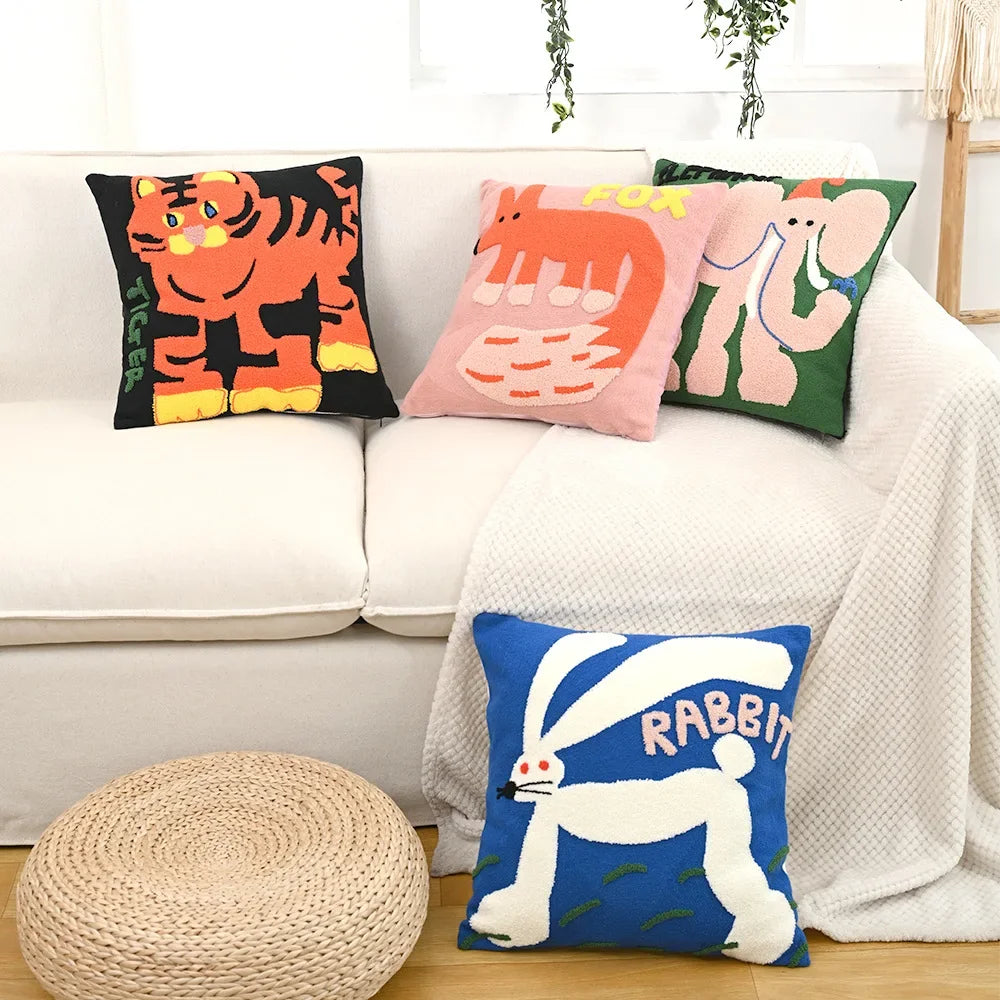 Color Pop Animal Embroidered Pillow Cover – 45 × 45 cm