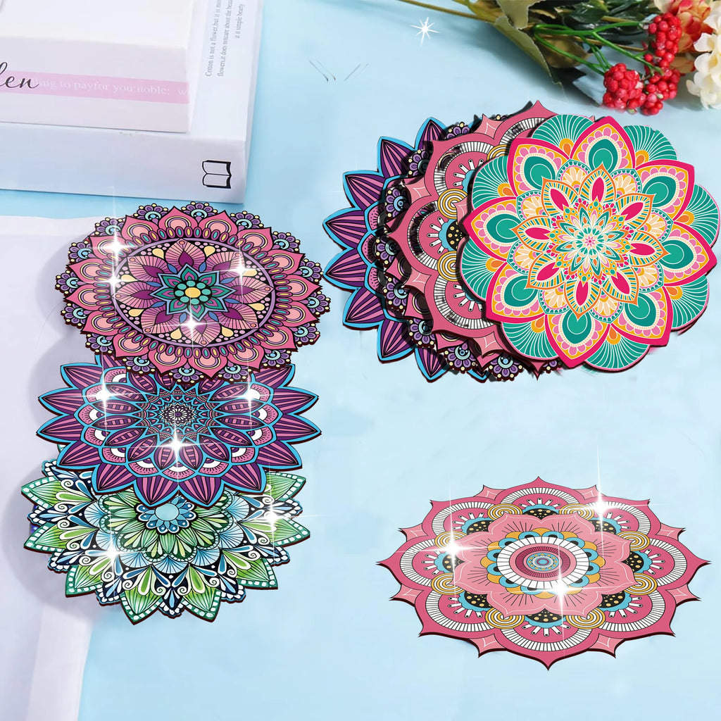 Colorful Mandala Wooden Drink Coaster Set for Coffee Tables Boho Kitchen and Holiday Gifts