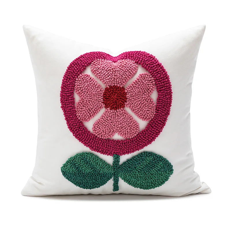 Daisy & Heart Embroidered Pillow Cover – 18 × 18 Romantic Floral Sofa Cushion Case