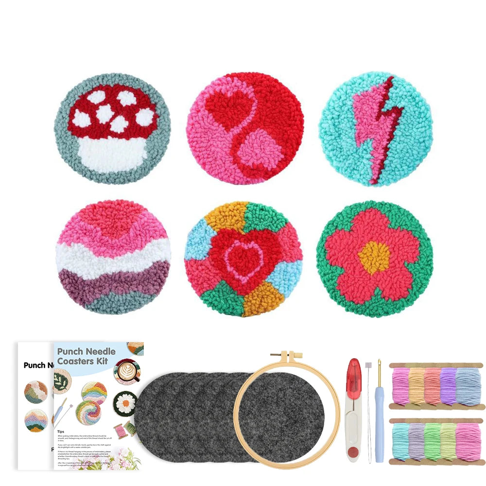 Flower Pattern Punch Needle Coaster Craft Kit for Beginners Tufted Mug Rugs and Creative Gifts