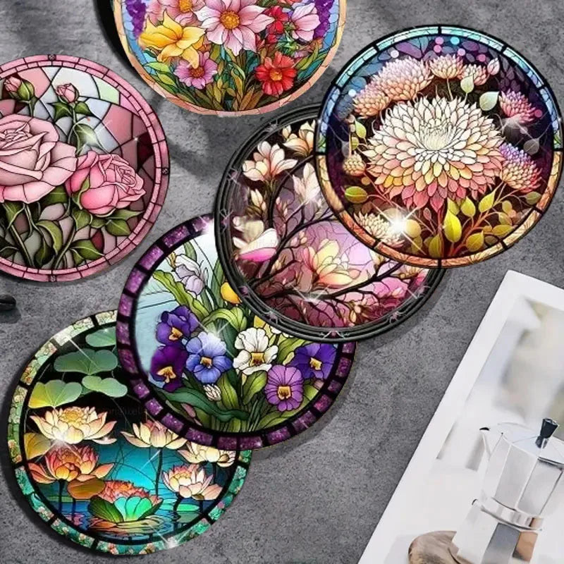 Floral Wooden Drink Coaster Set for Coffee Tables Cafe Style Kitchen Decor and Everyday Entertaining