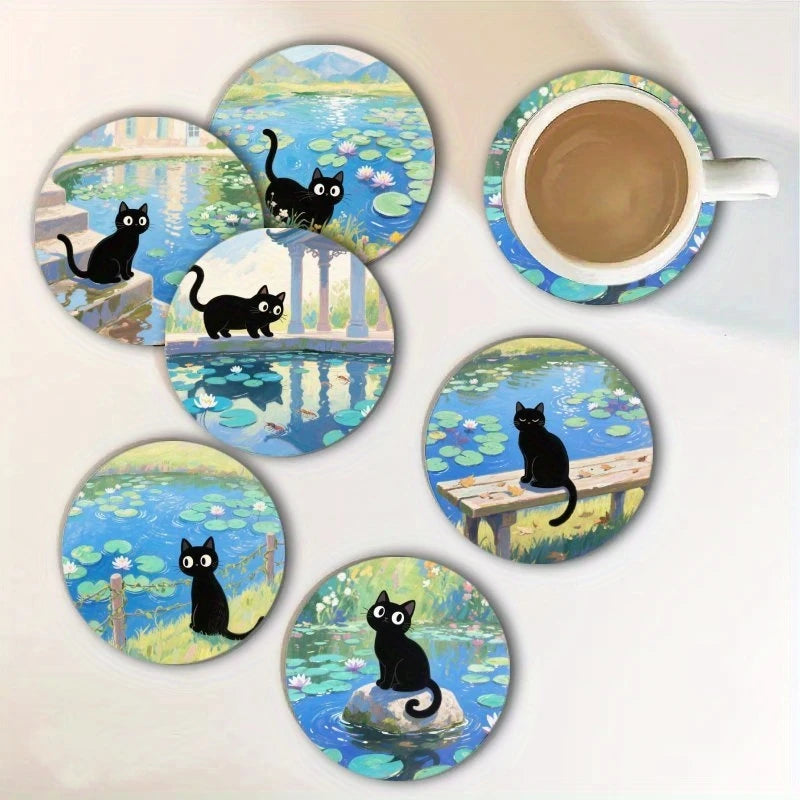 Black Cat and Lotus Wooden Drink Coaster Set for Coffee Tables Kitchen Decor and Cat Lover Gifts