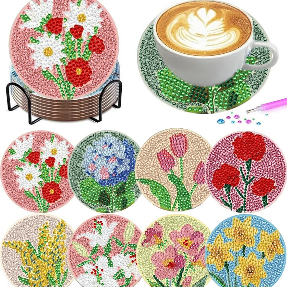 Floral DIY Diamond Painting Coaster Kit with Holder | Set of 8 Sparkling Mosaic Drink Coasters for Craft Lovers