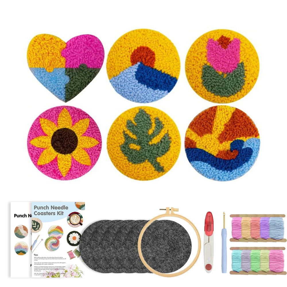Flower Pattern Punch Needle Coaster Craft Kit for Beginners Tufted Mug Rugs and Creative Gifts