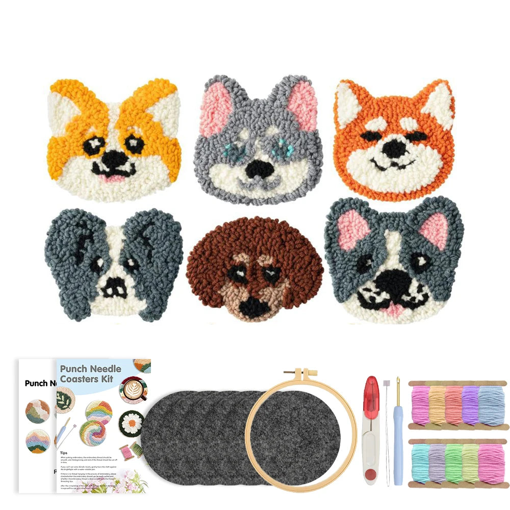 Cute Dog Punch Needle Coaster Craft Kit for Beginners Handmade Animal Mug Rugs and Gifts