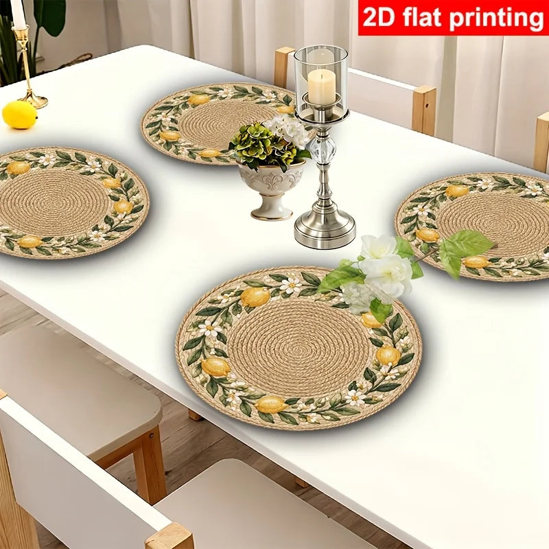 Lemon Blossom Round Table Mat Set of 4, 38 cm Printed Polyester Placemats with Faux Rattan Look for Dining Tables