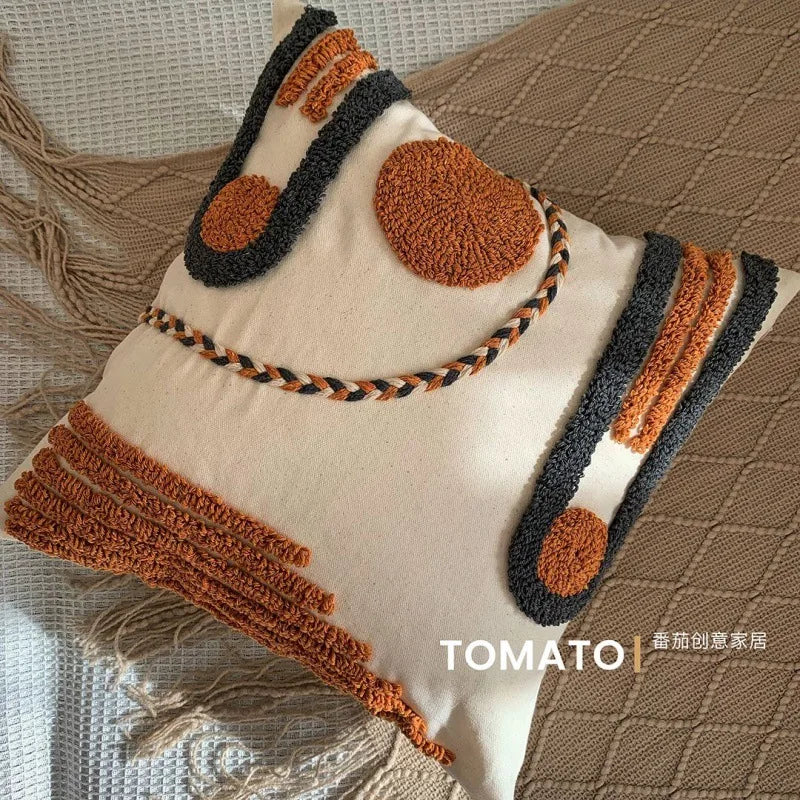 Woven Geometry Embroidered Pillow Cover – Boho Accent