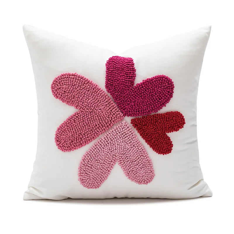 Daisy & Heart Embroidered Pillow Cover – 18 × 18 Romantic Floral Sofa Cushion Case