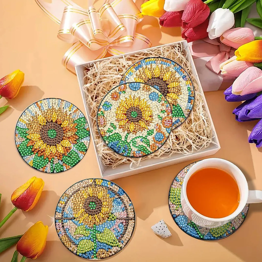 Floral Diamond Painting Coaster Set of 8 with Holder DIY Craft Kit for Creative Table Decor and Gifts